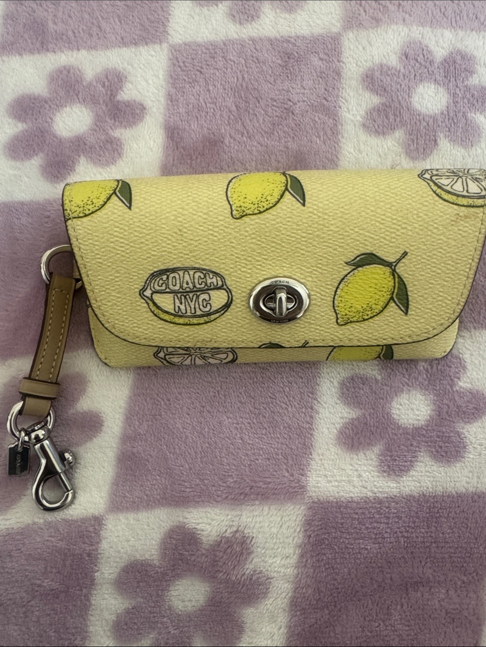 Coach Yellow Lemon Print Turnlock Wristlet
